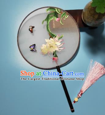 China Traditional Hanfu Stage Show Palace Fan Handmade Suzhou Embroidery Epiphyllum Fan Embroidered Silk Fan
