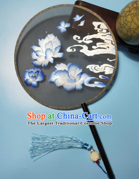 Traditional Hanfu Show Round Fan Suzhou Embroidery Black Silk Fan China Embroidered Palace Fan