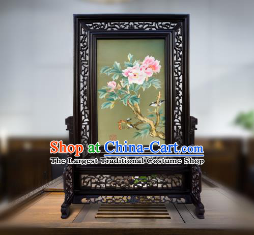 China Embroidered Peony Screen Traditional Home Furnishings Handmade Craft Wood Carving Table Screen