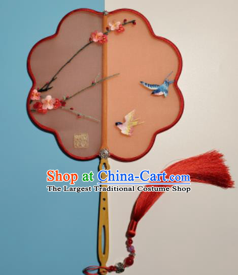 Traditional Embroidered Plum Blossom Palace Fan Handmade Double Side Hanfu Fan China Suzhou Embroidery Classical Dance Red Silk Fan