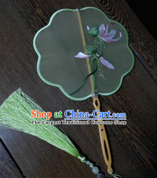 Traditional Hanfu Classical Dance Embroidered Fan China Suzhou Embroidery Lotus Fans Handmade Green Silk Palace Fan