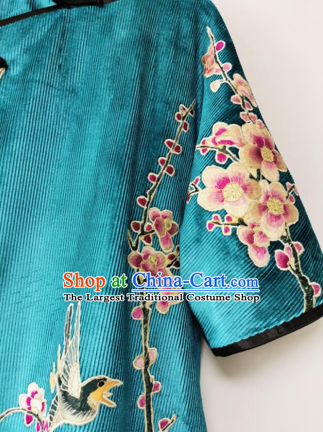 Traditional Chinese Blue Corduroy Qipao Dress Embroidered Cheongsam