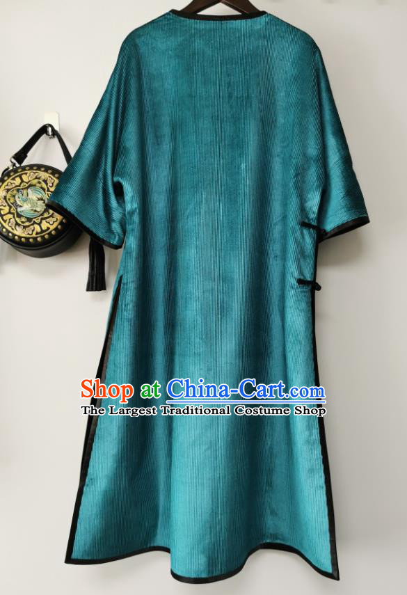 Traditional Chinese Blue Corduroy Qipao Dress Embroidered Cheongsam