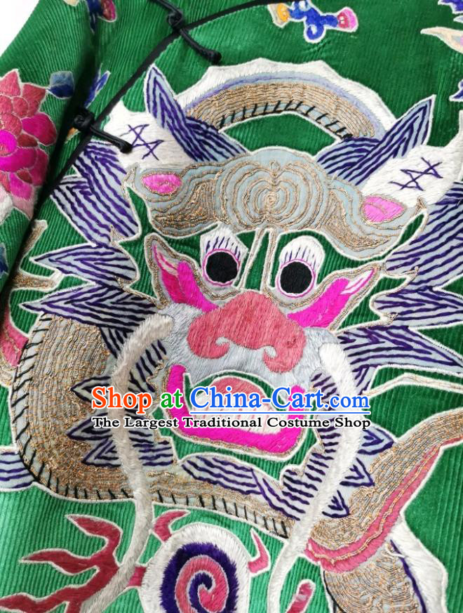 Traditional Chinese Embroidered Dragon Cheongsam Green Corduroy Qipao Dress