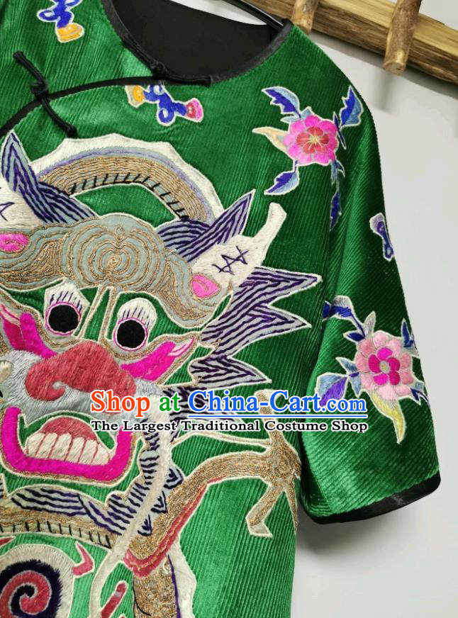 Traditional Chinese Embroidered Dragon Cheongsam Green Corduroy Qipao Dress