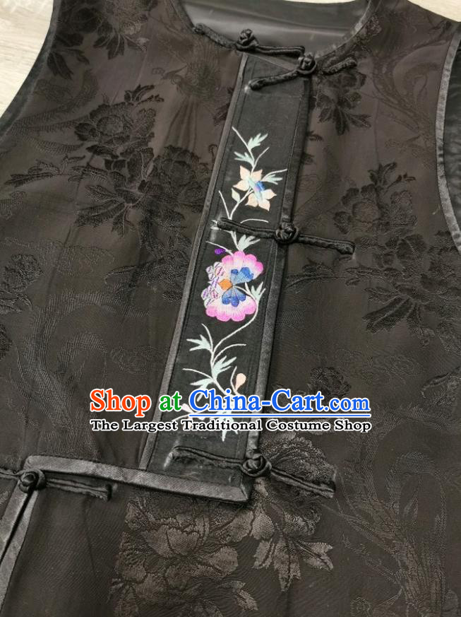 Top Grade China Black Silk Vest Traditional Tang Suit Upper Outer Garment Embroidered Waistcoat