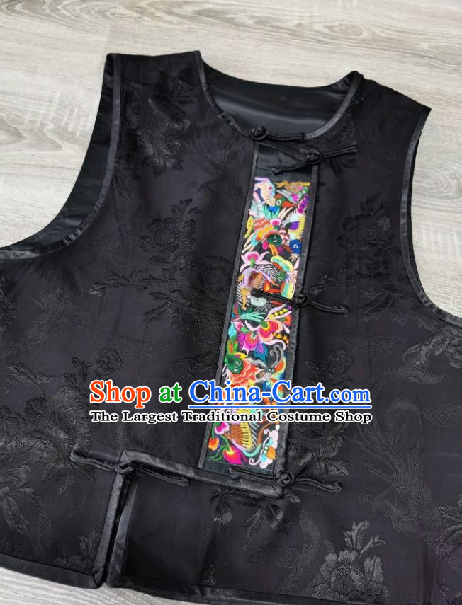 Top Grade Embroidered Waistcoat China Black Silk Vest Traditional Tang Suit Upper Outer Garment