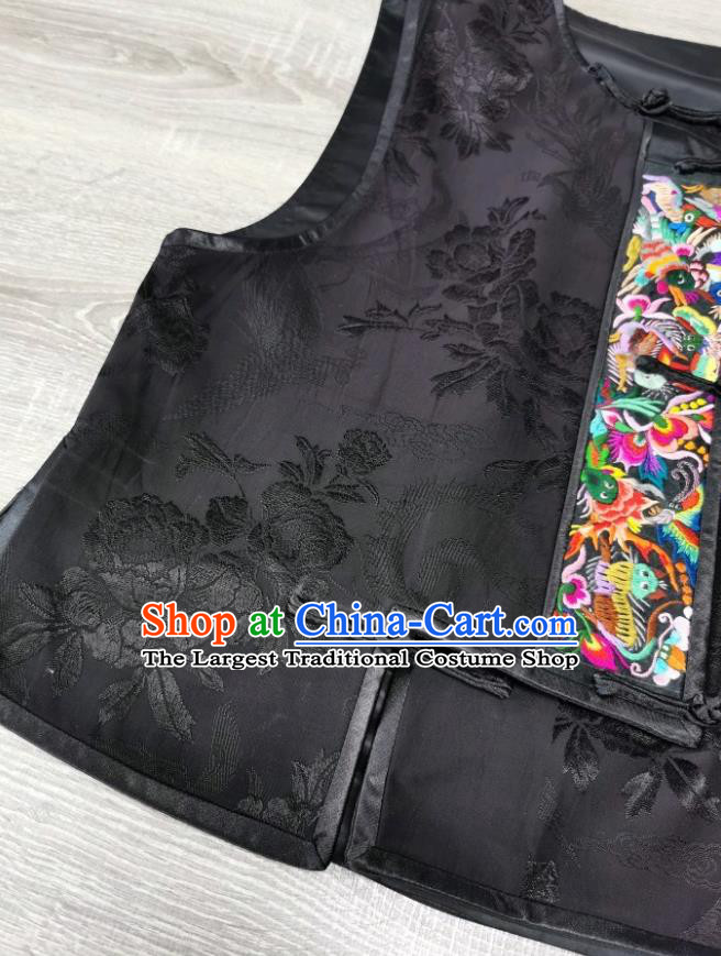 Top Grade Embroidered Waistcoat China Black Silk Vest Traditional Tang Suit Upper Outer Garment