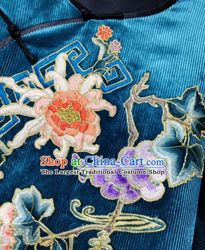 Chinese Embroidered Cheongsam Traditional Blue Corduroy Qipao Dress