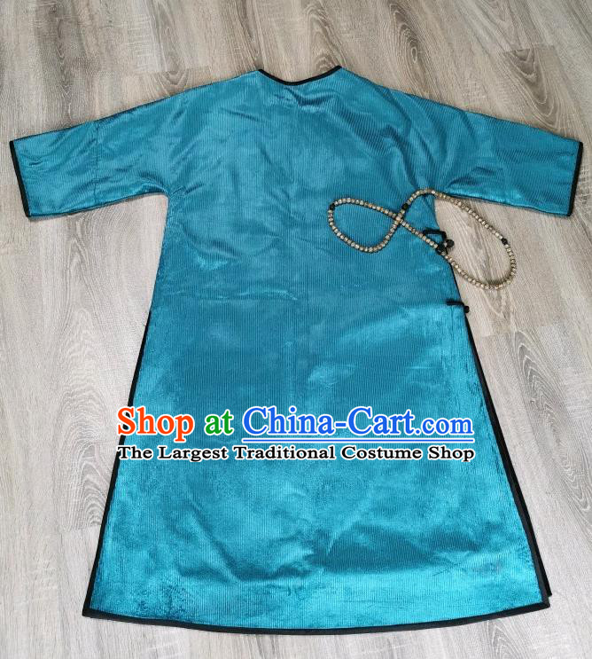 Chinese Embroidered Cheongsam Traditional Blue Corduroy Qipao Dress