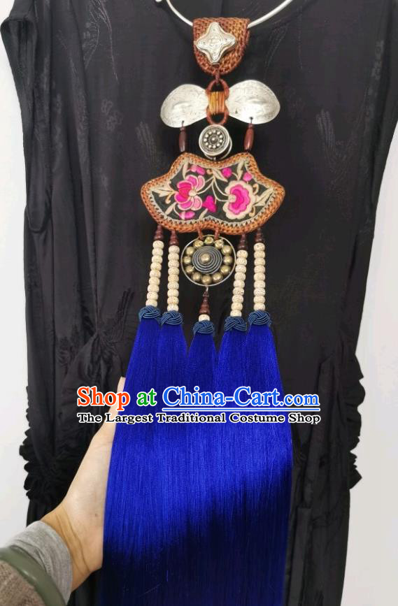 Handmade Blue Tassel Silver Necklace Traditional China Ethnic Embroidered Necklet Accessories Rattan Jewelry for Women