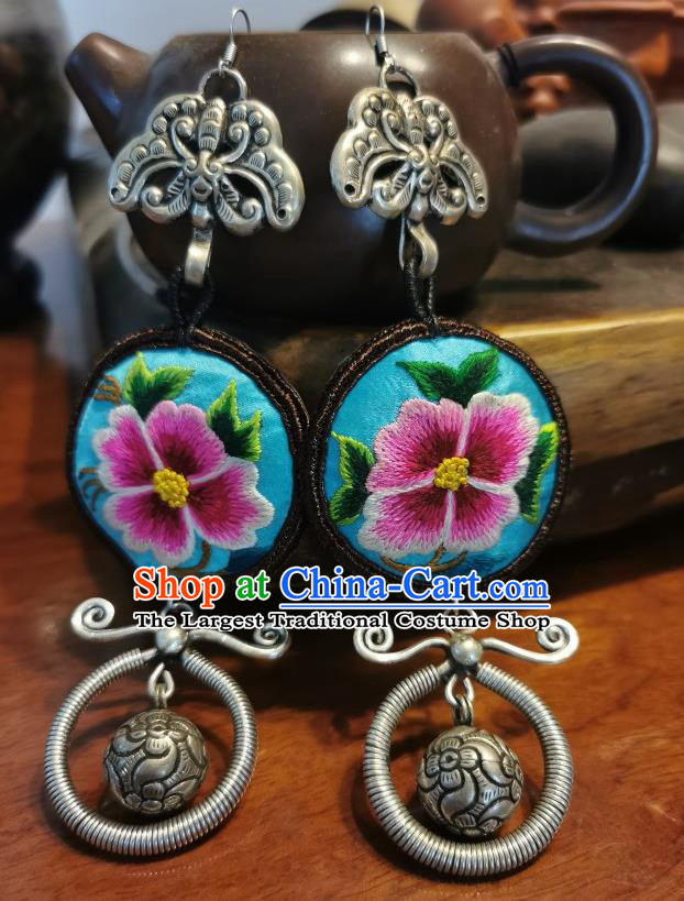Traditional China Ethnic Blue Embroidered Earrings Silver Jewelry Handmade Ear Accessories for Women