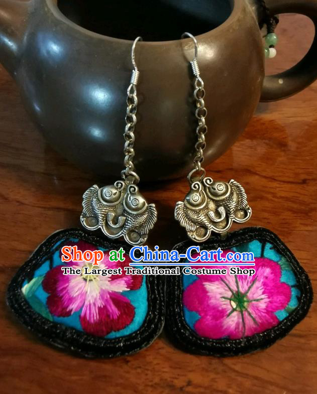 China Ethnic Blue Embroidered Earrings Traditional Silver Fishes Jewelry Handmade Ear Accessories for Women