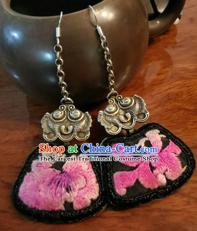 Handmade China Ethnic Black Embroidered Earrings Traditional Silver Fishes Jewelry Ear Accessories for Women