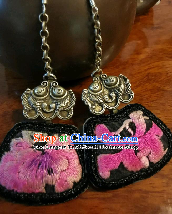 Handmade China Ethnic Black Embroidered Earrings Traditional Silver Fishes Jewelry Ear Accessories for Women
