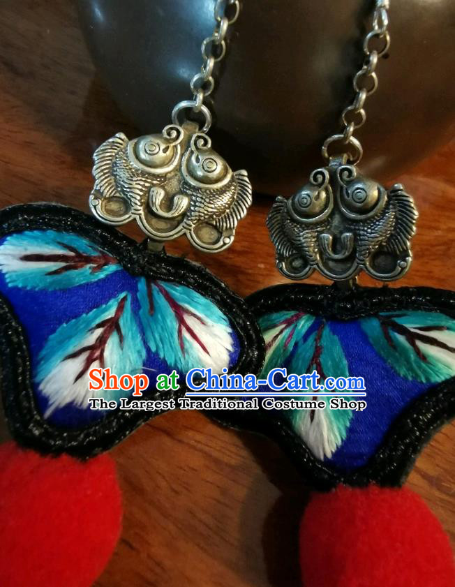 Handmade China Ethnic Red Venonat Earrings Traditional Embroidered Ear Accessories Silver Fishes Jewelry for Women