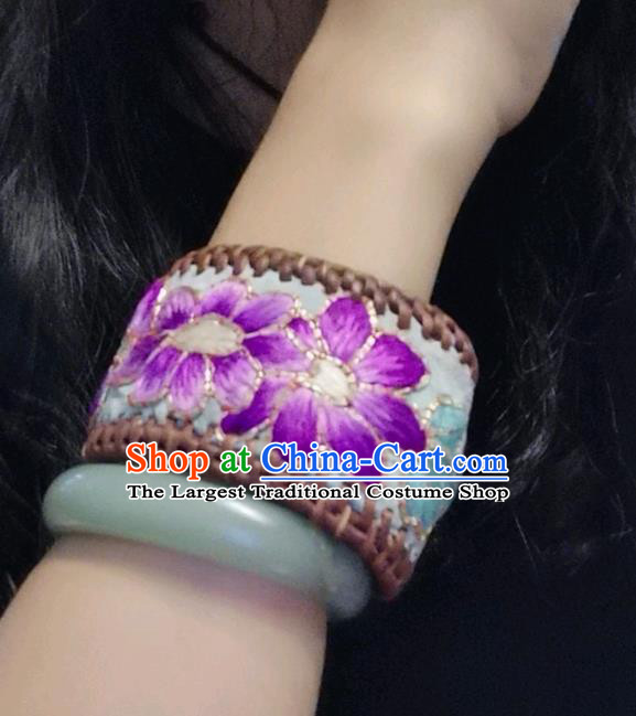 Handmade China Ethnic Embroidered Blue Bracelet Traditional Accessories Rattan Bangle for Women
