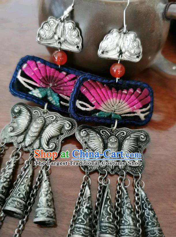 Handmade China Silver Carving Butterfly Eardrop Ethnic Embroidered Earrings Traditional Accessories for Women