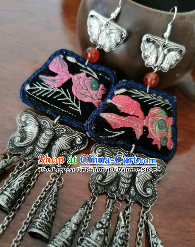 Handmade China Ethnic Embroidered Goldfish Earrings Silver Carving Butterfly Eardrop Traditional Accessories for Women
