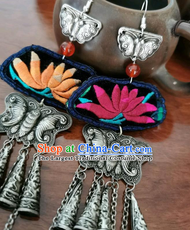 Handmade China Silver Carving Butterfly Eardrop Traditional Accessories Ethnic Embroidered Chrysanthemum Earrings for Women