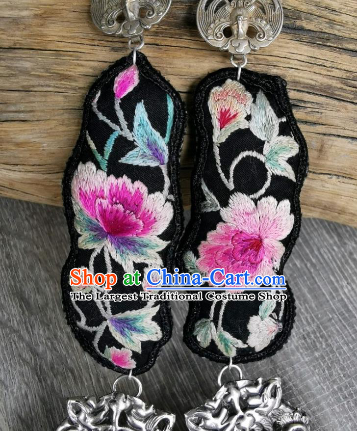 China Handmade Tassel Eardrop Embroidered Peony Earrings Traditional Miao Ethnic Accessories for Women