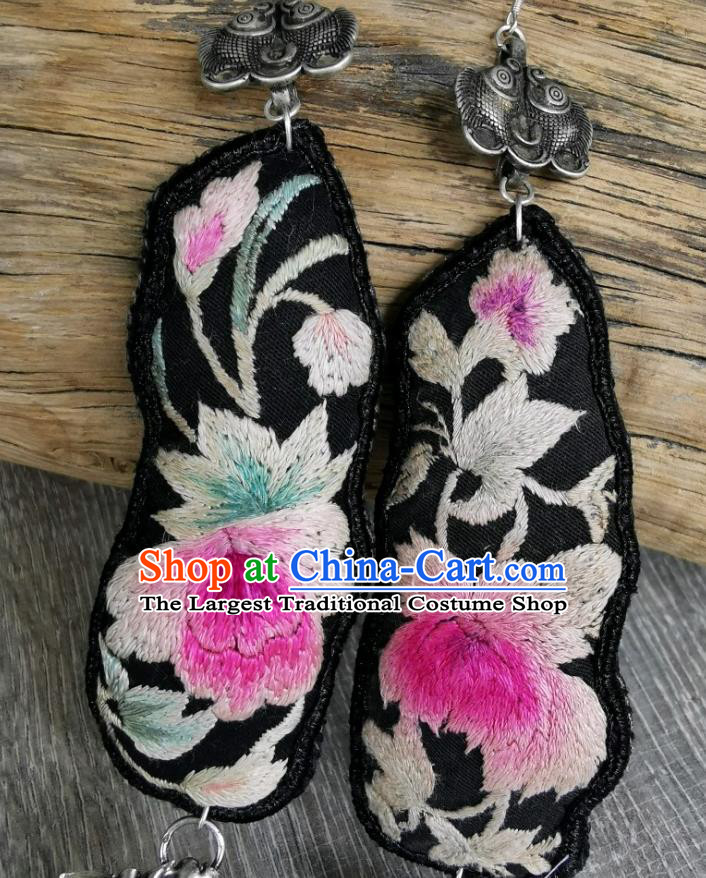 China Embroidered Peony Earrings Traditional Miao Ethnic Accessories Handmade Silver Bells Tassel Eardrop for Women