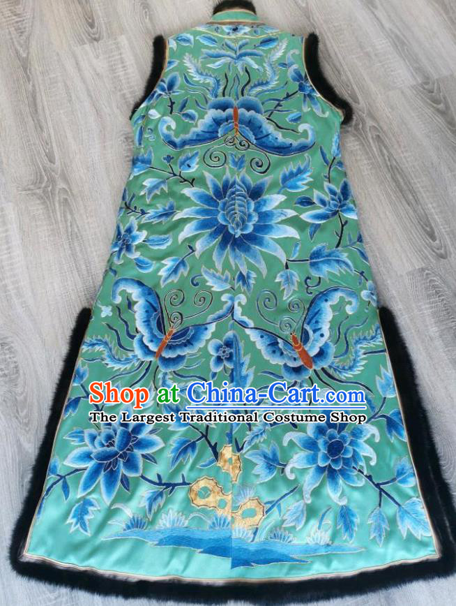 Top Grade China Traditional Winter Upper Outer Garment Light Green Waistcoat Tang Suit Embroidered Butterfly Vest