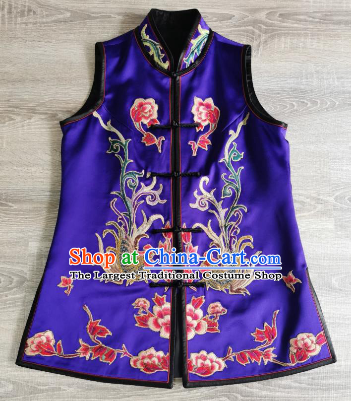 Top Grade China Traditional Purple Silk Waistcoat Winter Upper Outer Garment Tang Suit Embroidered Phoenix Peony Vest