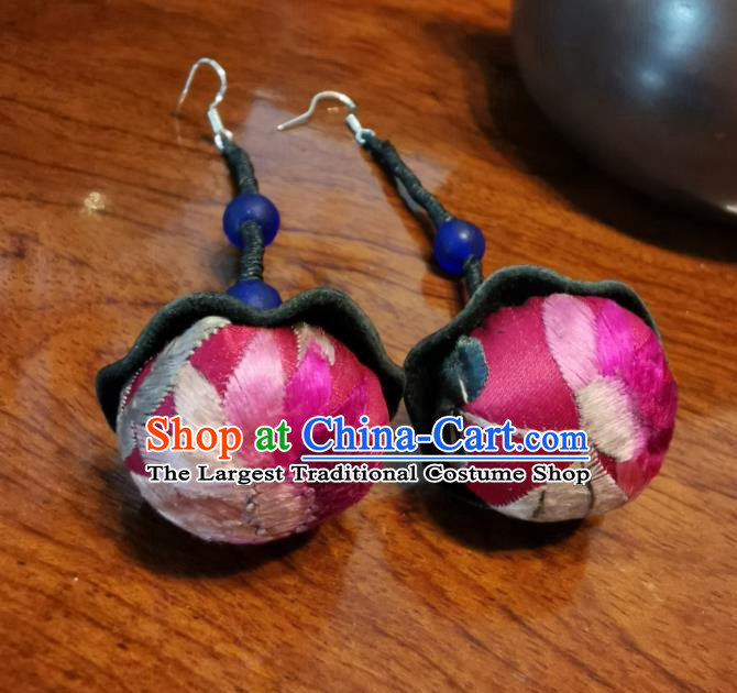 Traditional China Miao Ethnic Rosy Silk Ear Accessories Handmade Embroidered Earrings for Women