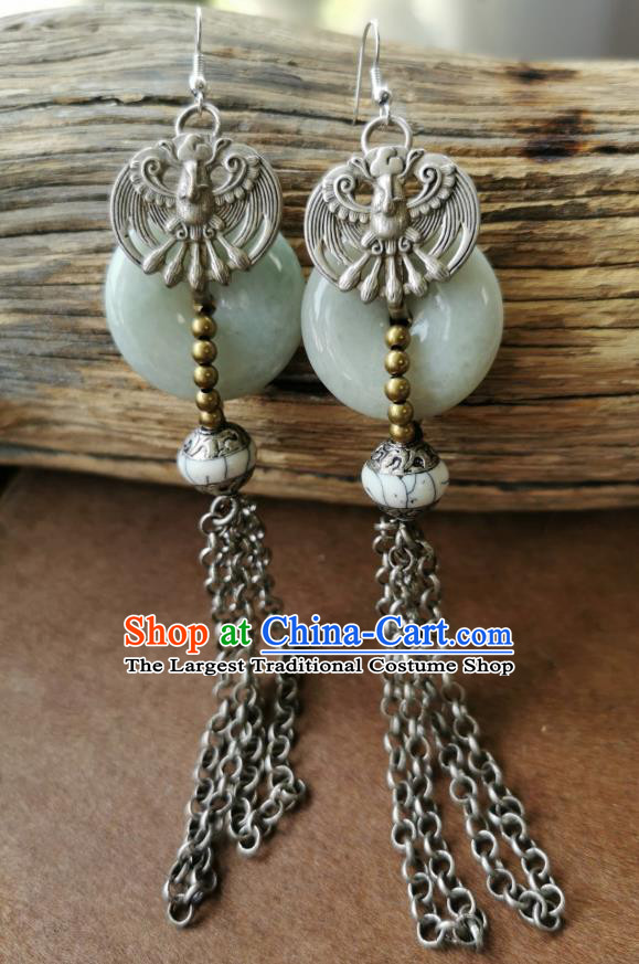 Handmade China National Jade Earrings Traditional Miao Ethnic Ear Accessories Silver Tassel Eardrop for Women