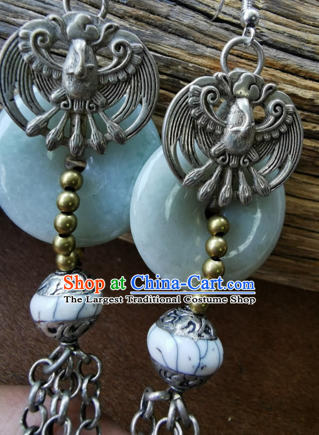 Handmade China National Jade Earrings Traditional Miao Ethnic Ear Accessories Silver Tassel Eardrop for Women