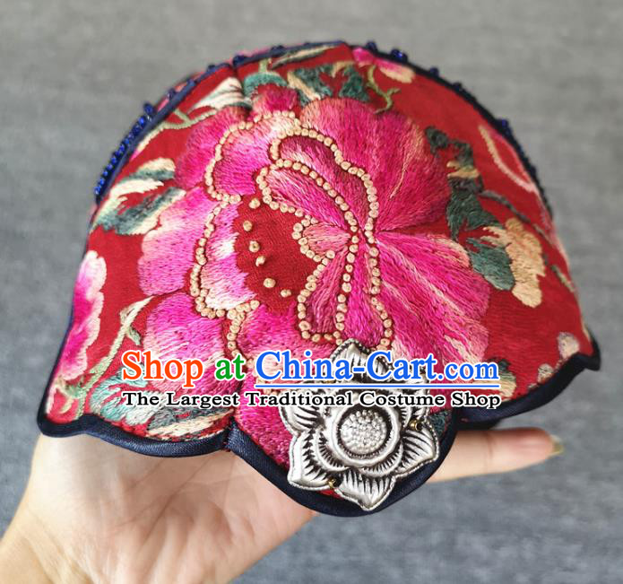 Handmade China Embroidered Peony Red Hat Miao Ethnic Women Cap Traditional National Headwear Hair Accessories