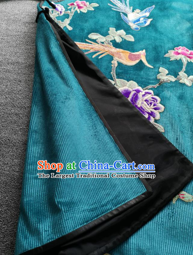 Chinese Embroidered Blue Corduroy Qipao Dress Traditional Women Clothing National Cheongsam