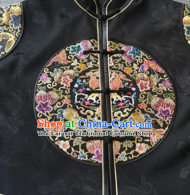 China National Women Short Coat Traditional Embroidered Costume Tang Suit Black Silk Jacket