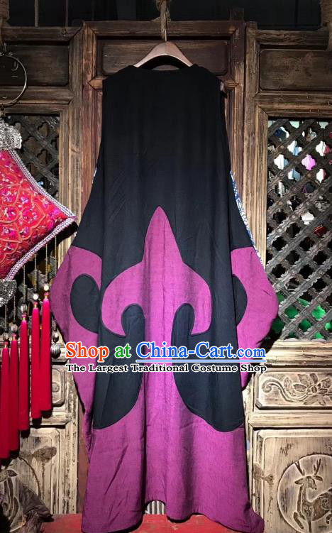 Chinese Traditional Minority Women Embroidery Purple Flax Robe National Clothing Embroidered Dress
