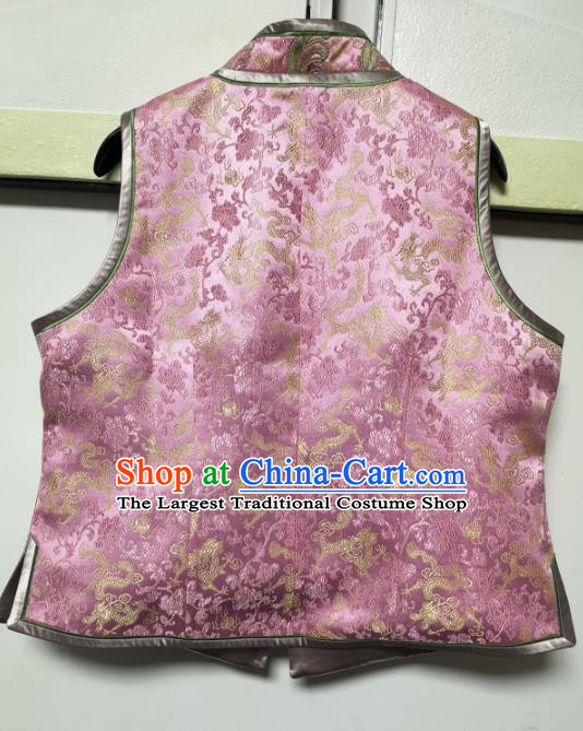 China National Embroidered Dragon Pink Silk Vest Traditional Tang Suit Upper Outer Garment Women Waistcoat
