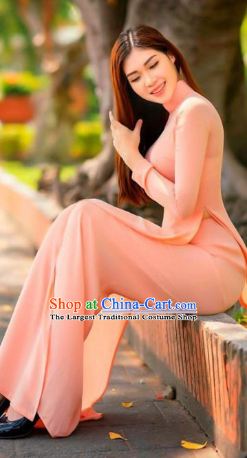 Asian Vietnam Classical Ao Dai Qipao Traditional Vietnamese Costumes Pink Cheongsam Dress and Loose Pants for Women