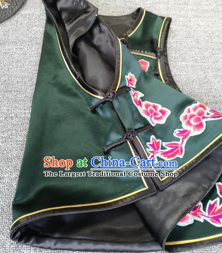 China Tang Suit Embroidered Phoenix Dark Green Silk Vest Traditional Women Waistcoat Upper Outer Garment