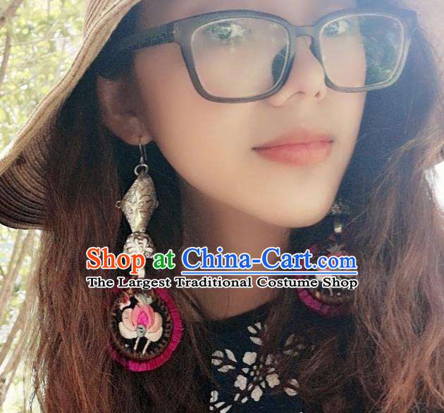 China Handmade Miao Ethnic Embroidered Earrings Traditional National Silver Fish Ear Accessories