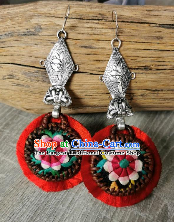 China Traditional National Red Silver Ear Accessories Handmade Miao Ethnic Embroidered Rattan Earrings