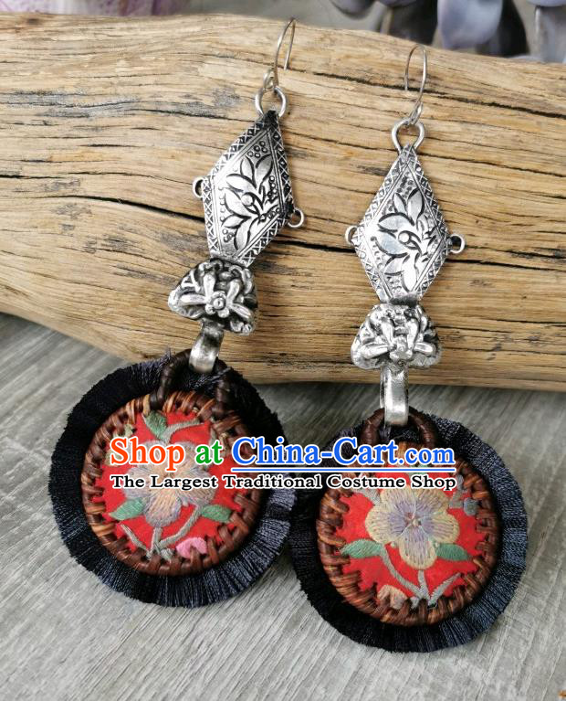 China Handmade Miao Ethnic Embroidered Earrings Traditional National Silver Red Ear Accessories