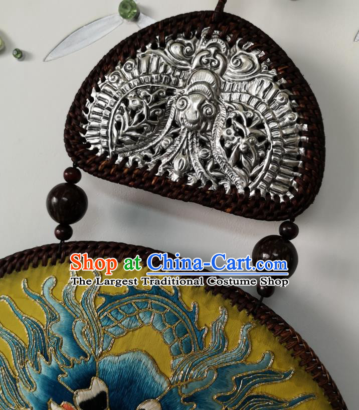 Handmade China Traditional Embroidered Dragon Pendant National Royalblue Tassel Rattan Accessories