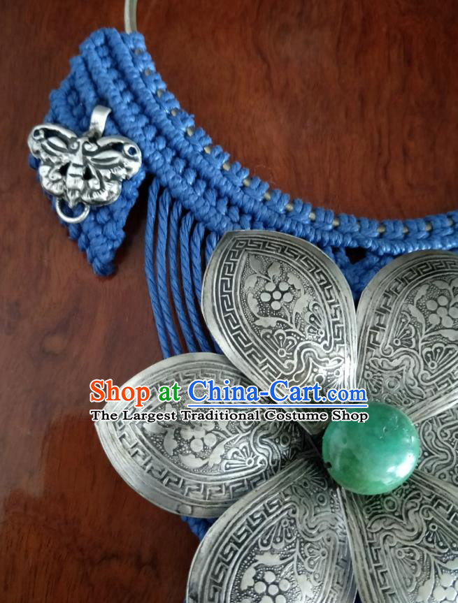 Handmade China National Silver Flowers Tassel Accessories Traditional Blue Sennit Necklet
