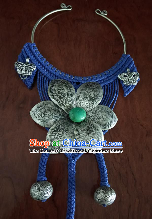 Handmade China National Silver Flowers Tassel Accessories Traditional Blue Sennit Necklet