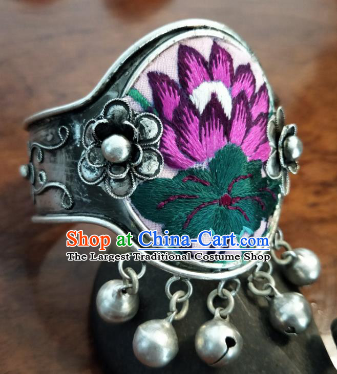 China National Silver Bell Tassel Accessories Traditional Miao Ethnic Bracelet Handmade Embroidered Lotus Bangle