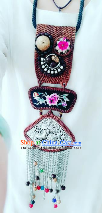 China National Colorful Beads Tassel Necklet Traditional Miao Ethnic Handmade Embroidered Silver Carving Jewelry Accessories