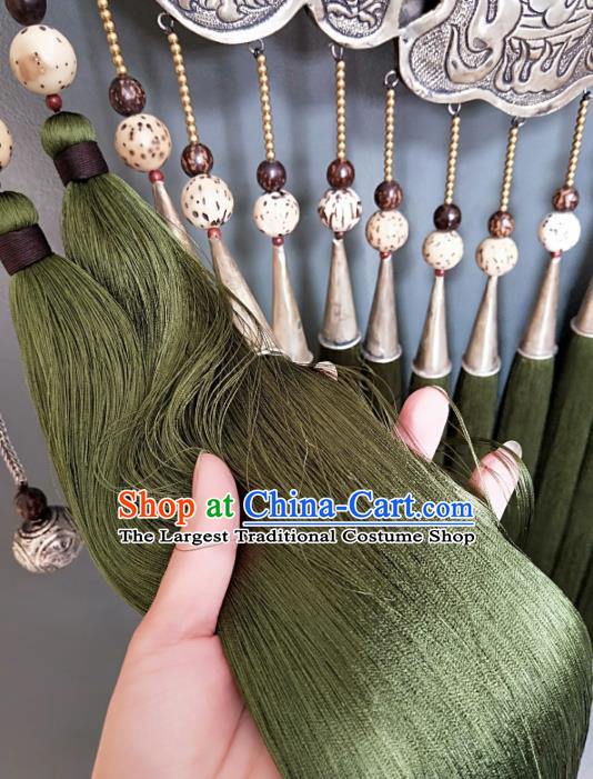 China Traditional Miao Ethnic Embroidered Pendant Accessories Handmade Silver Carving Dragons Jewelry National Green Tassel Necklet