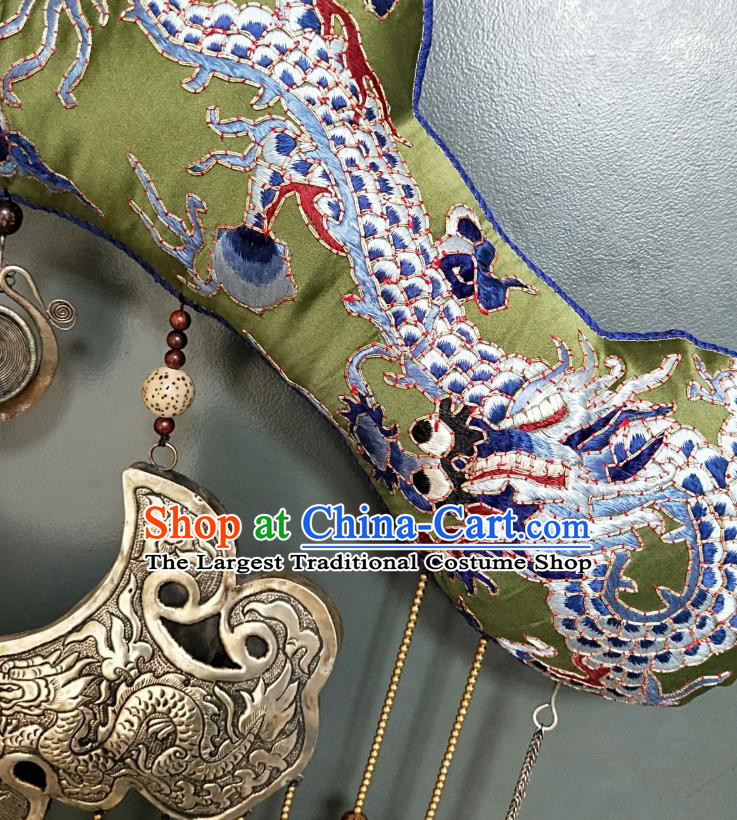 China Traditional Miao Ethnic Embroidered Pendant Accessories Handmade Silver Carving Dragons Jewelry National Green Tassel Necklet