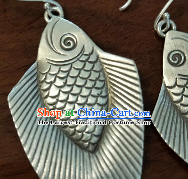 China Traditional Miao Ethnic Ear Accessories Handmade Women Jewelry National Silver Carving Fish Earrings