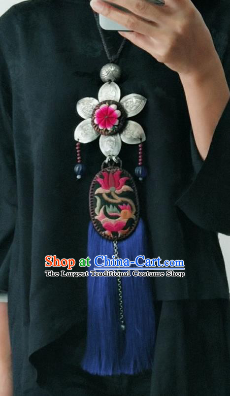 China National Silver Flower Necklet Traditional Ethnic Blue Tassel Necklace Accessories Handmade Women Embroidered Lotus Jewelry